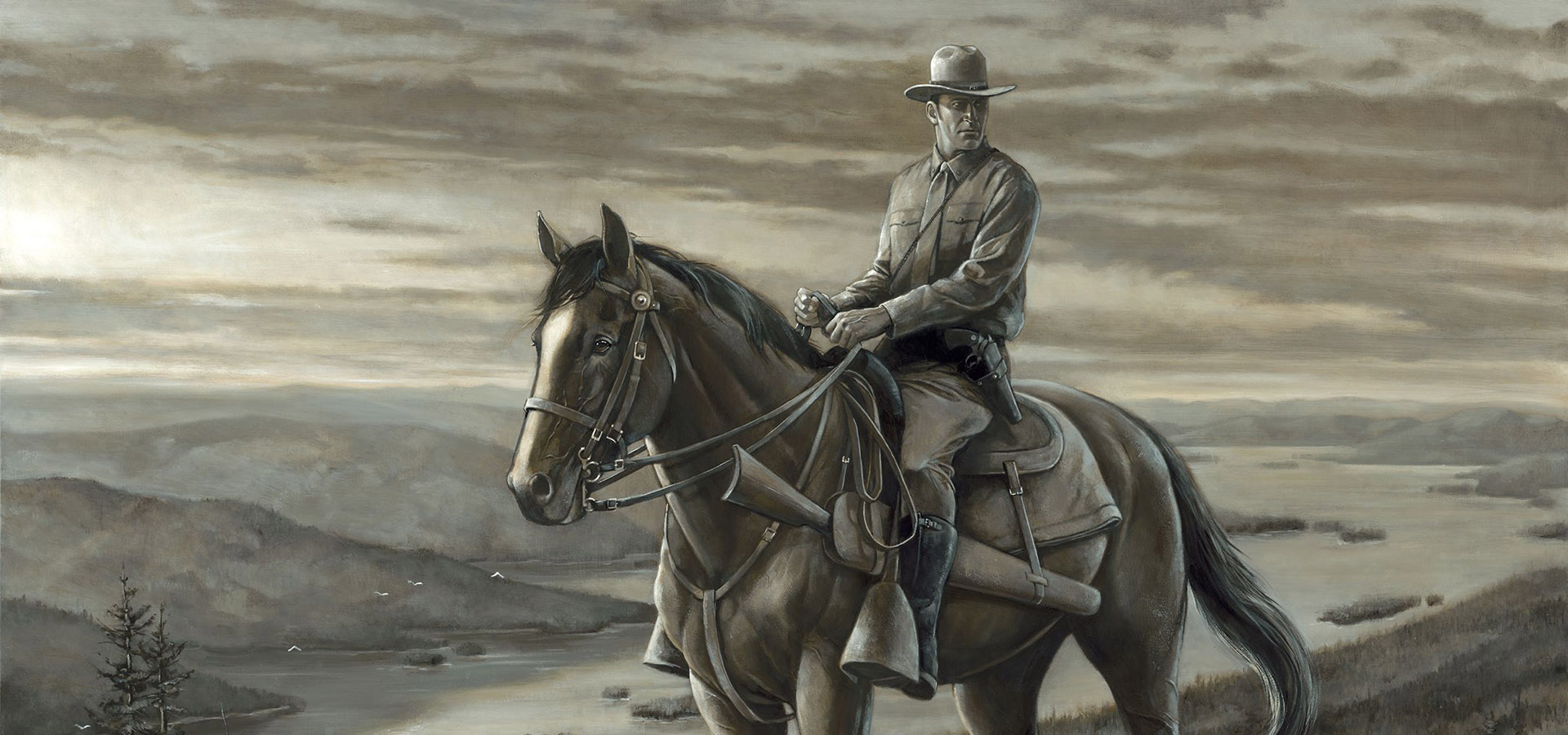 "First Patrol" painting by Brian Fox depicts a NYS Trooper riding a horse with mountains and a lake in the background